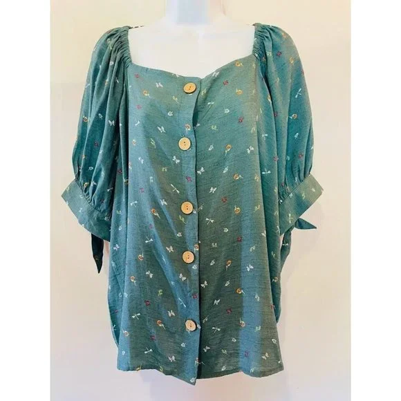 Lauren Conrad Top Shirt Peasant Women’s Size XXL Flower Butterfly Green Boho - Picture 2 of 10